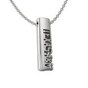 A sterling silver oval tag pendant with the text 'TEXAS A&M' cut out vertically, attached to a silver chain.